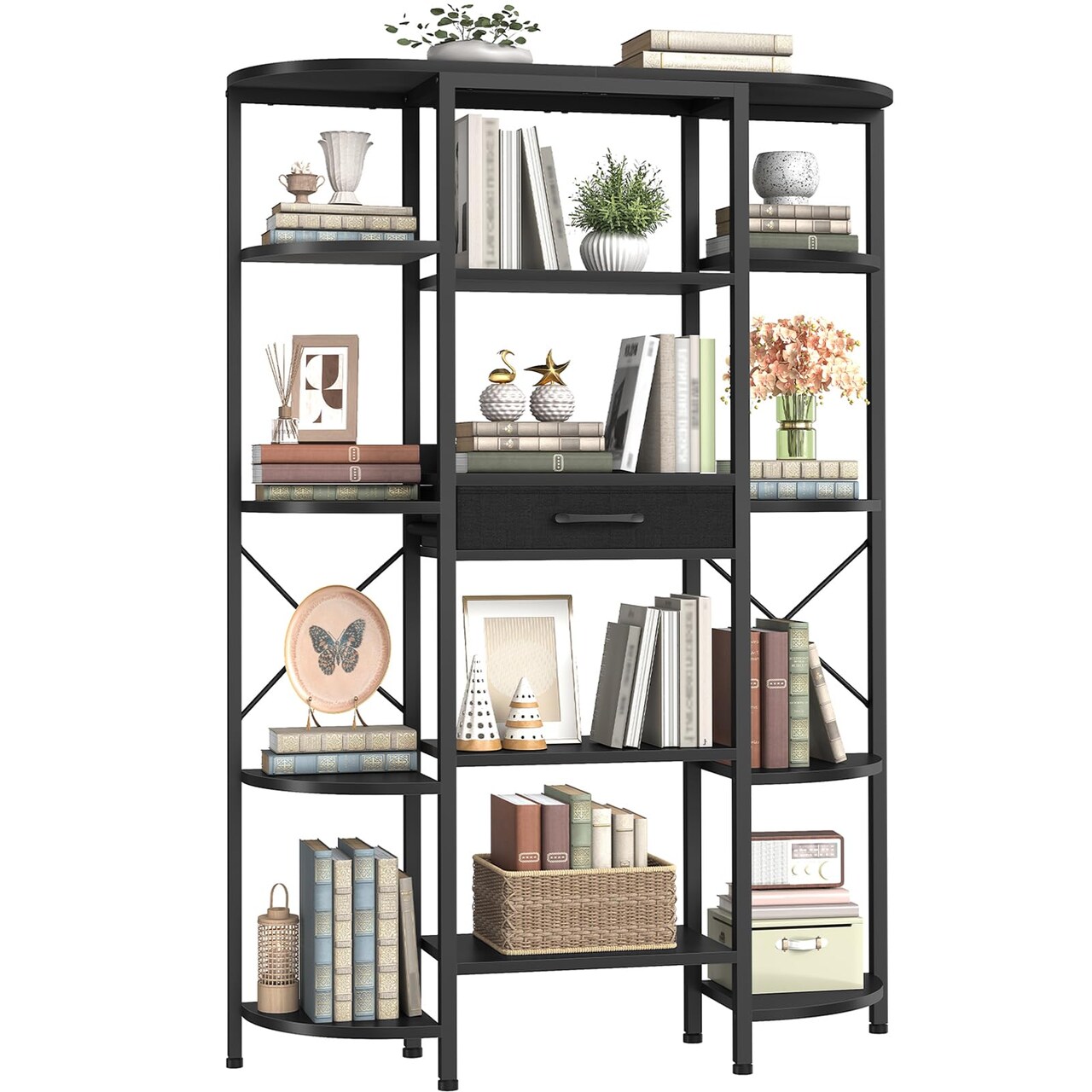 Black 5-Tier Storage Bookshelf with Fabric Drawer, Metal Frame Bookcase